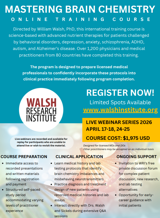 WalshResearch's tweet photo. For this year's course of Mastering Brain Chemistry, we are opening the self-paced portion to you immediately! You'll have more time to study the basics before our live interviews and lectures with Dr. Walsh.
#WRI #MasteringBrainChemistry #Training #MentalHealth https://t.co/9rpL6eBM8Y