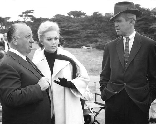 ClassicMovieHub's tweet photo. Alfred Hitchcock, Kim Novak and Jimmy Stewart on the set of Vertigo. https://t.co/9N6Q32VgZm