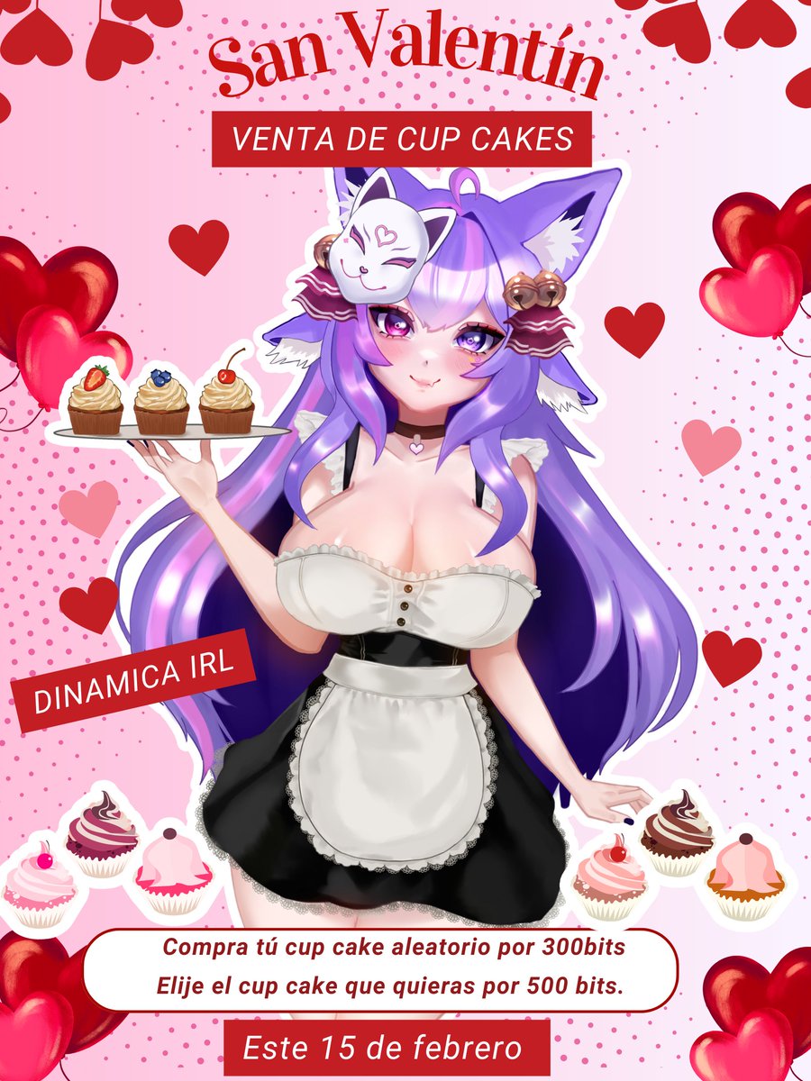 🧁💖 DINÁMICA MÁS DULCE EL 15 DE FEBRERO 💖🧁

Este Domingo  me verán de maid IRL ✨

Sí… vestidita lista para atenderlos con pastelitos incluidos 🫖💗
Y no será cualquier stream…

habrá VENTA LIMITADA DE CUPCAKES en directo 🍰
Así funciona el menú:

🧁 300 BITS →  Cupcake
