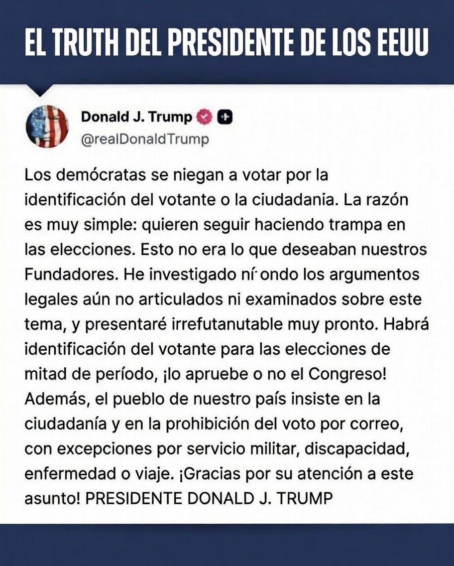 🚨🇺🇸 | #URGENTE Trump explotó contra los demócratas por oponerse a la Ley SAVE, que obliga a presentar una identificación para poder votar en las elecciones nacionales: "La razón es muy simple: quieren seguir haciendo trampa".