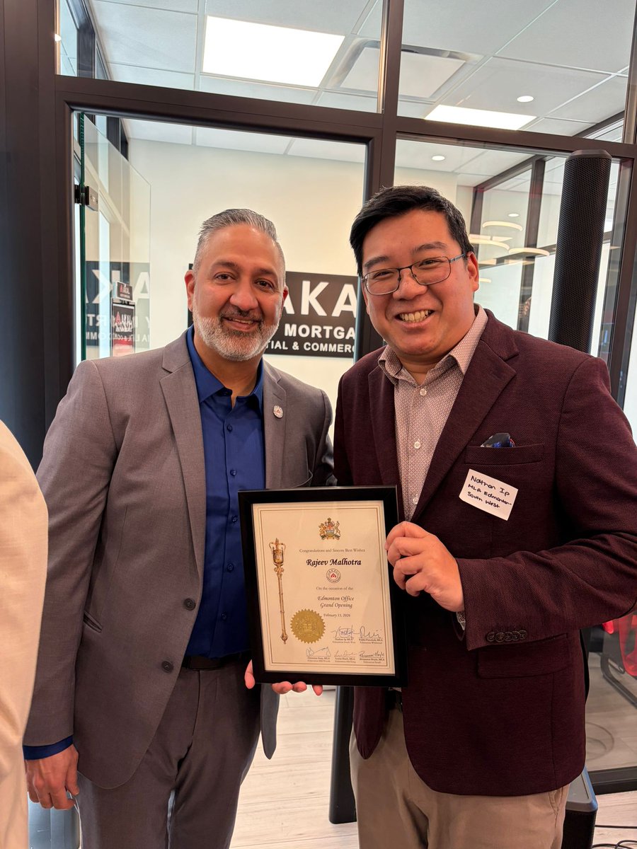 NathanIpYEG's tweet photo. Great to welcome a new business to Edmonton–South West!

Congratulations to Rajeev and the entire Akal Assetly Mortgages  team on the opening of your Edmonton office. It’s always exciting to see local entrepreneurs choose #yegsw as the place to grow and invest in. 

#abpoli #yeg https://t.co/EpeE8UpiK7