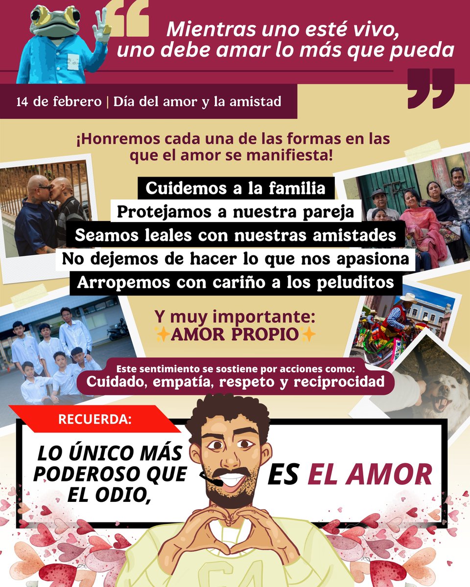 💖 Eres el amor que das. 💖🫂

🤔 Existen muchos mitos, estigmas y presiones sociales alrededor del 14 de febrero, pero el amor se manifiesta con nuestros amigos, la familia, en nuestros pasatiempos, y todos los ámbitos de la vida.

Básicamente, es un complejo conjunto de:
🧡