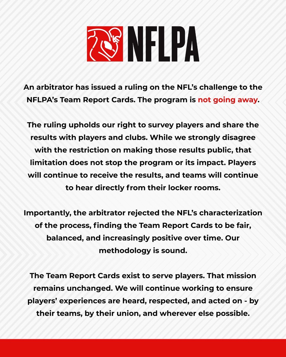 La #NFLPA da alcuni anni chiedeva ai giocatori di giudicare la propria squadra e dare feedback su aree specifiche (ownership, strutture, coaching staff, ecc) e pubblicava le classifiche.
La #NFL non gradiva che fossero resi noti i risultati di questi sondaggi e aveva fatto causa.