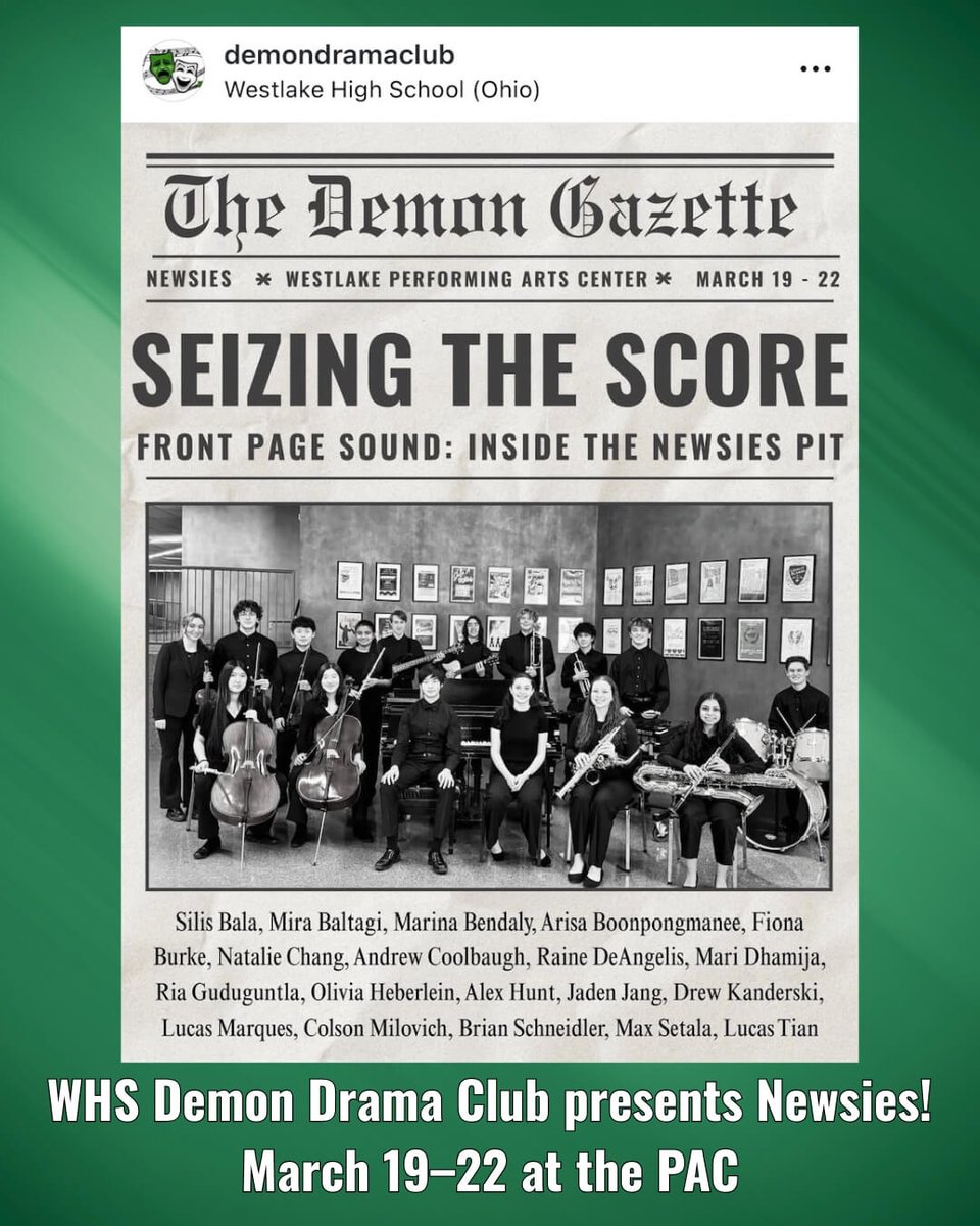 Go to instagram.com/p/DUtw7IkDd9j/… see photos and a video of the 𝑵𝒆𝒘𝒔𝒊𝒆𝒔 pit orchestra hard at work!
Be sure to mark your calendar for 𝑵𝒆𝒘𝒔𝒊𝒆𝒔 performances: March 19–22 at the Westlake Performing Arts Center!