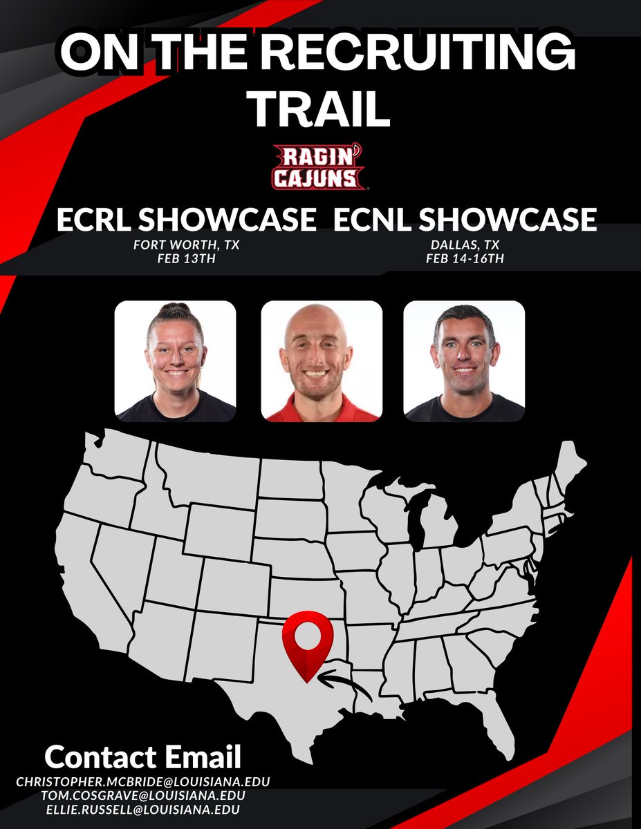 Texas Recruiting Trip
<a href="/ECNLgirls/">ECNL Girls</a>

Looking forward to evaluating high-level competition at the ECNL &amp; ECRL events. Always great to see the next generation of college soccer talent on display. 

Send us your schedules📆

#CollegeSoccer #Recruiting #ECNLTX #ecnlrl #ragincajuns
