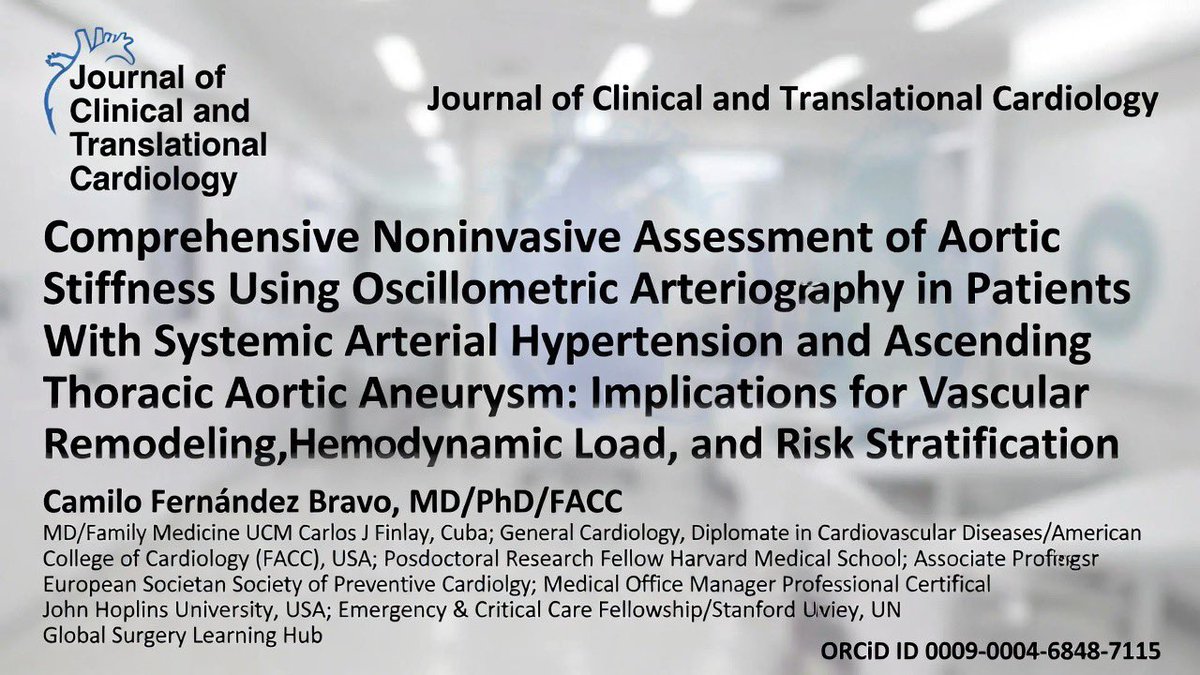 JournalClinTran's tweet photo. Great news! The Editorial Board of Journal of Clinical and Translational Cardiology has approved for publication: noninvasive aortic stiffness assessment in hypertension &amp; ascending thoracic aortic aneurysm.
Author: Camilo Fernández Bravo, MD/PhD/FACC
Coming soon! #Cardiology https://t.co/gEzJNYvLC7