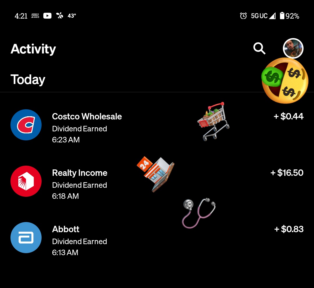 Dividends earned into my account today from holding the following securities...
$COST 44¢
$O $16.50
$ABT 83¢
🛒🏪🩺 =$17.77
🔗docs.google.com/spreadsheets/d…