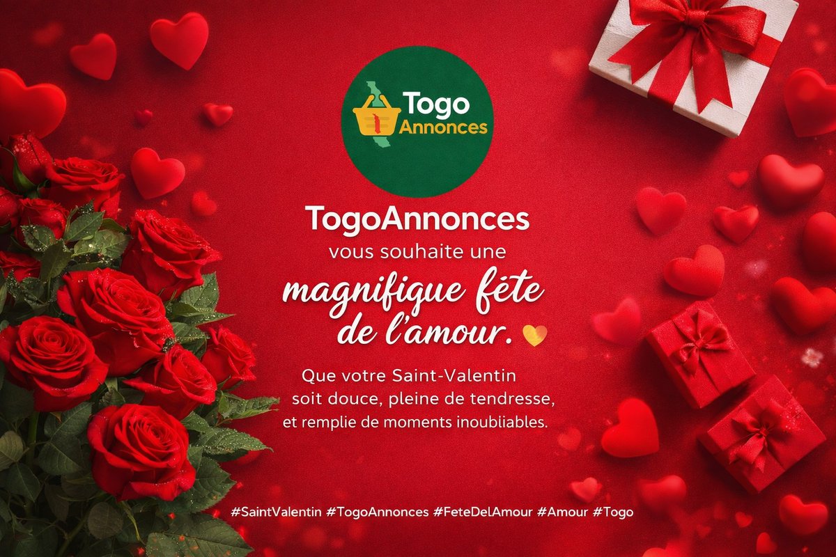 ❤️ L’amour unit. 
L’amour inspire. 
L’amour rapproche.

En cette Saint-Valentin, TogoAnnonces vous souhaite une journée douce, pleine de tendresse et de beaux moments. 💝
#TogoAnnonces
#SaintValentin #FeteDeLAmour #Amour #Togo