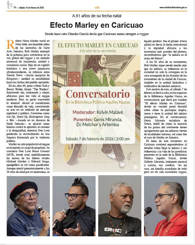 genismiranda's tweet photo. Reseña del foro "Efecto Marley en Caricuao" por la revista "Todos Adentro" de colección #Reggae #Caricuao #BobMarley @kelvinmalave Prof. Luis Guerra @bpaquilesnazoa @Rickyfilms @zulbely @chicomiranda12 @franklin692 y @genismiranda #6feb2026 https://t.co/Pu75jxRTCD