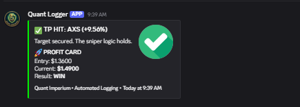 winnersoncrypto's tweet photo. While you asked "Is it time to buy?", our bot was already taking profit. 📉

$AXS Target Smashed. +9.56% in < 24h. ✅
Tier 1 got the Entry live. You get the receipts here.

Stop watching money evaporate. Get inside.
Join the Squad:[Link]

#Crypto #AXS #Altseason #QuantImperium https://t.co/4mEKDUdIUX
