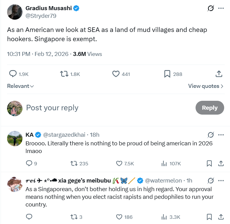 ช่วงที่ 3: บานปลายเป็นสงครามโลก
(กลางเดือน Feb)

พอด่ากันแซ่บ อัลกอริธึ่มมันก็ช่วยปั่น เริ่มกระจายออกไปภูมิภาคอื่นทั่วโลก หลายๆประเทศเข้ามามีส่วนร่วมด้วย บางคนก็เข้าข้างเกาหลี บางคนก็เข้าข้างอาเซียน

เช่นทวิตในรูป อยู่ดีๆก็มีคนอเมริกันสไลด์หน้าเข้ามาบอกว่า SEA