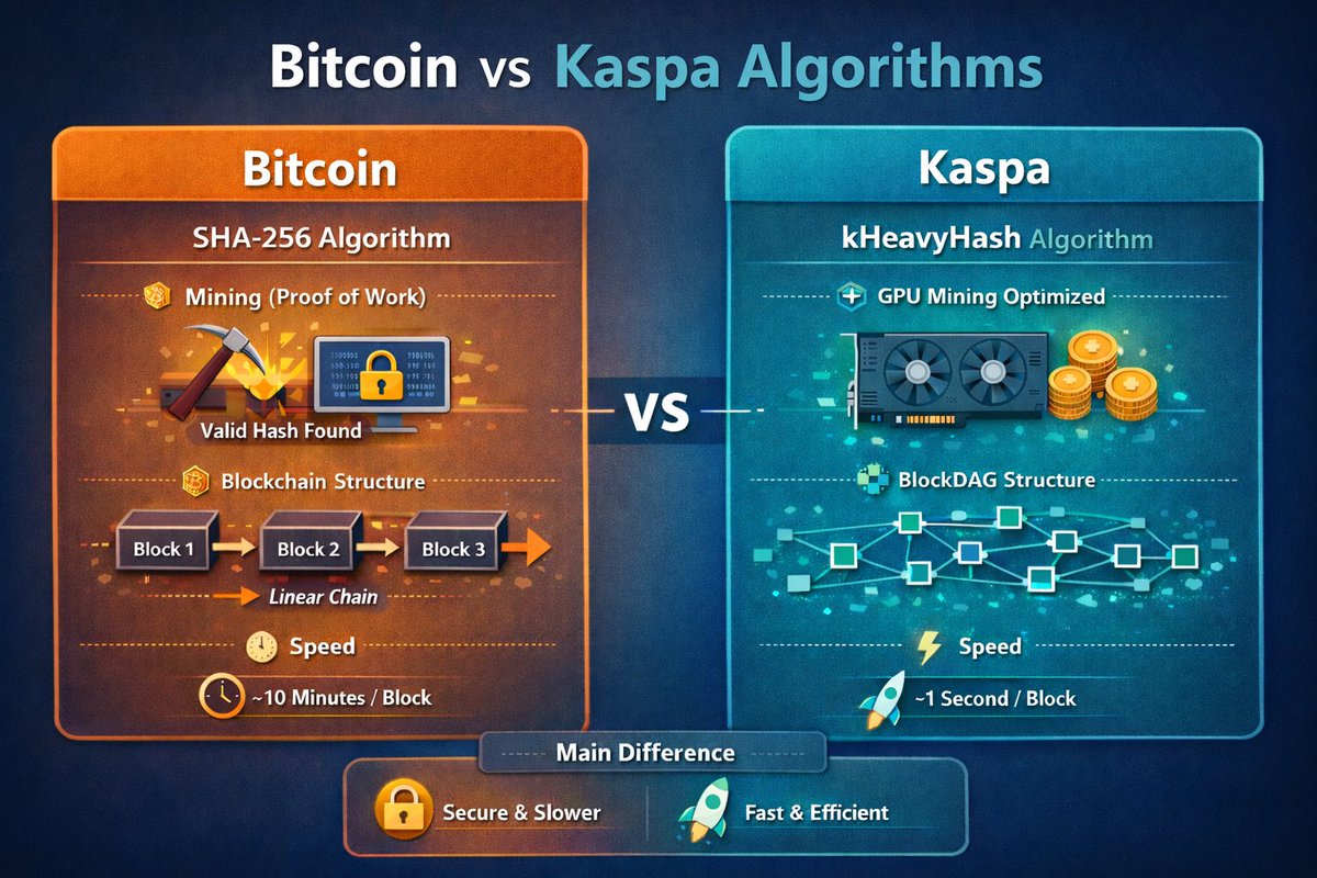Ever wondered how #Bitcoin and #Kaspa really work under the hood? 🤔 

Bitcoin uses the SHA 256 algorithm. Every block is linked to the previous one in a straight chain, making it extremely secure and tamper-proof. Mining is slow, around 10 minutes per block, but this ensures
