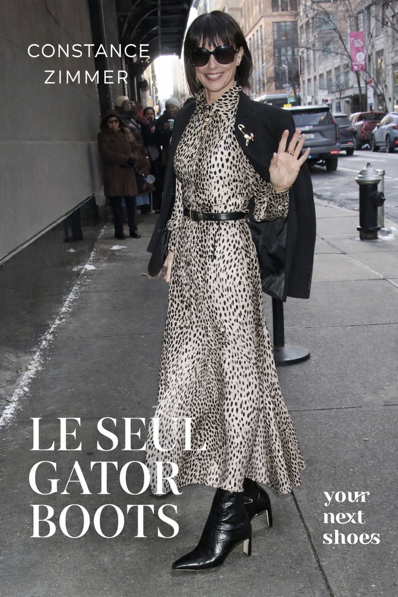 Constance Zimmer is having a massive week between The Lincoln Lawyer Season 4 and the new FX Love Story premiere. She hit the streets of New York in a striking leopard-print Rixo dress, but it’s the $1,310 Le Seul gator-embossed boots that stole the show: yournextshoes.com/constance-zimm…