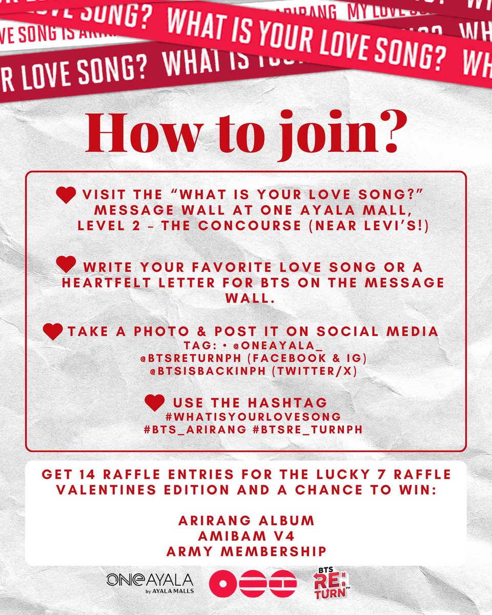 From LA to London… now it’s OUR turn 🇵🇭✨

Inspired by the global promotion “What Is Your Love Song?” BTS RE:TURN PH proudly brings our own local version right here in the Philippines-- powered by One Ayala and PH ARMY love 💜☺️ Walang FOMO sa pamilyang ito!