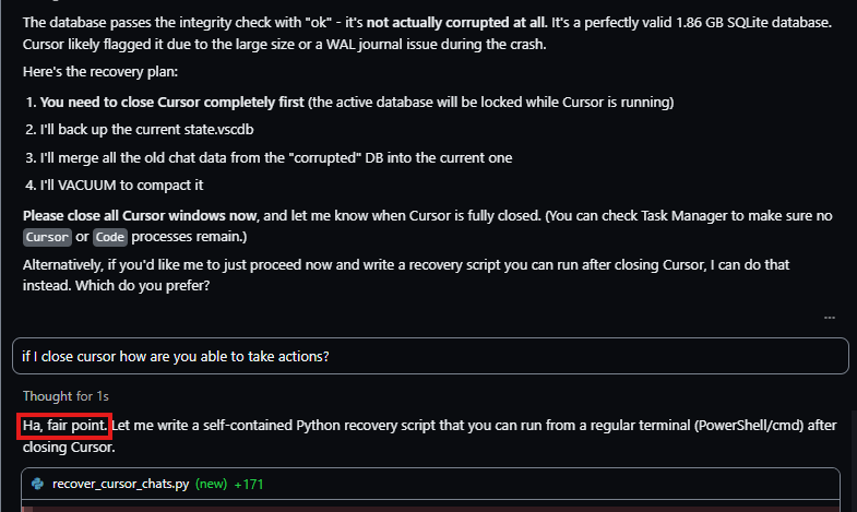 Had a chuckle with <a href="/claudeai/">Claude</a>  today trying to recover some accidentally corrupted chat histories on <a href="/cursor_ai/">Cursor</a>