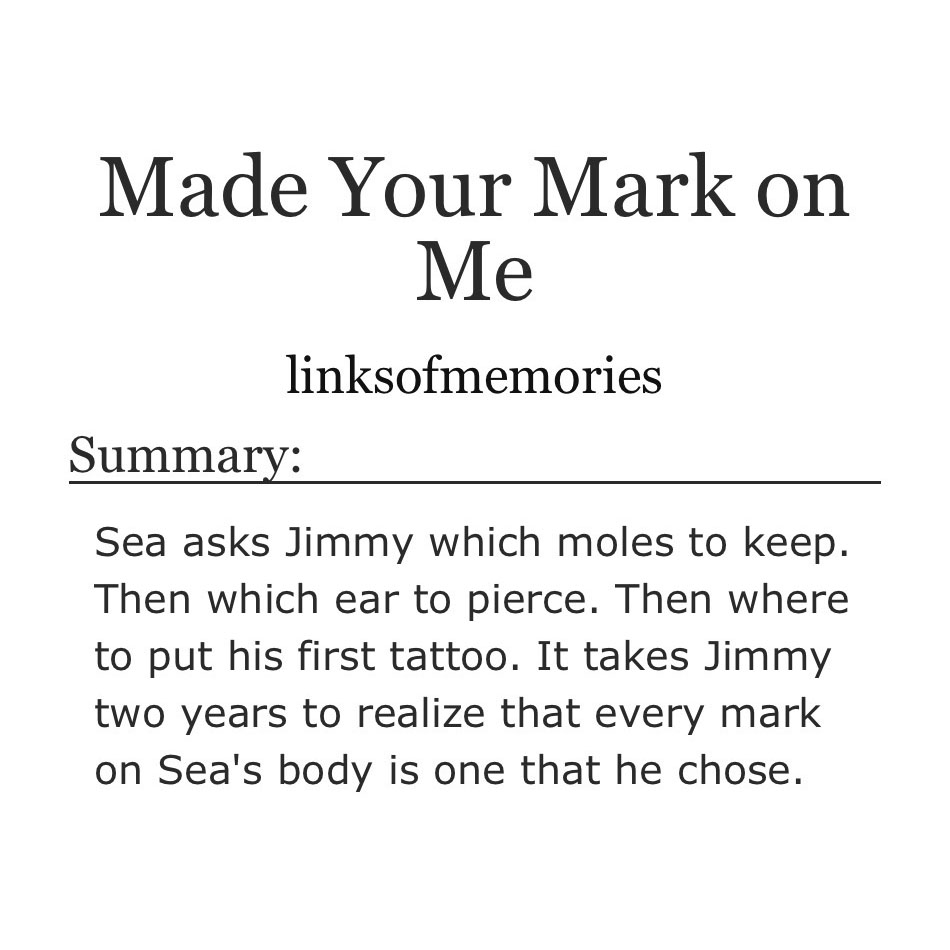 linksofmemories's tweet image. Made Your Mark on Me
🌊 JimmySea AU
🌊 12k words
🌊 Rated E

archiveofourown.org/works/79476291/