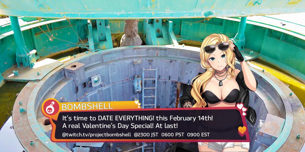 proj_bombshell's tweet photo. Happy Valentine's Day!
Let's play a dating sim~!
23:00 JST/6:00PST
#livebombshell #vtuber https://t.co/AXQIWs7mPI