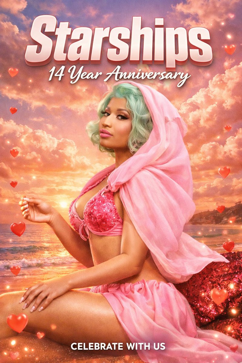 Happy 14 Years of Starships 👙🛸✨

Barbz, let’s enjoy this beautiful Valentine’s Day by streaming &amp; buying <a href="/NICKIMINAJ/">Nicki Minaj</a>’s Ultimate HIT 💝

💰 | starships.crd.co
🎶 | linktr.ee/starshipsnicki…