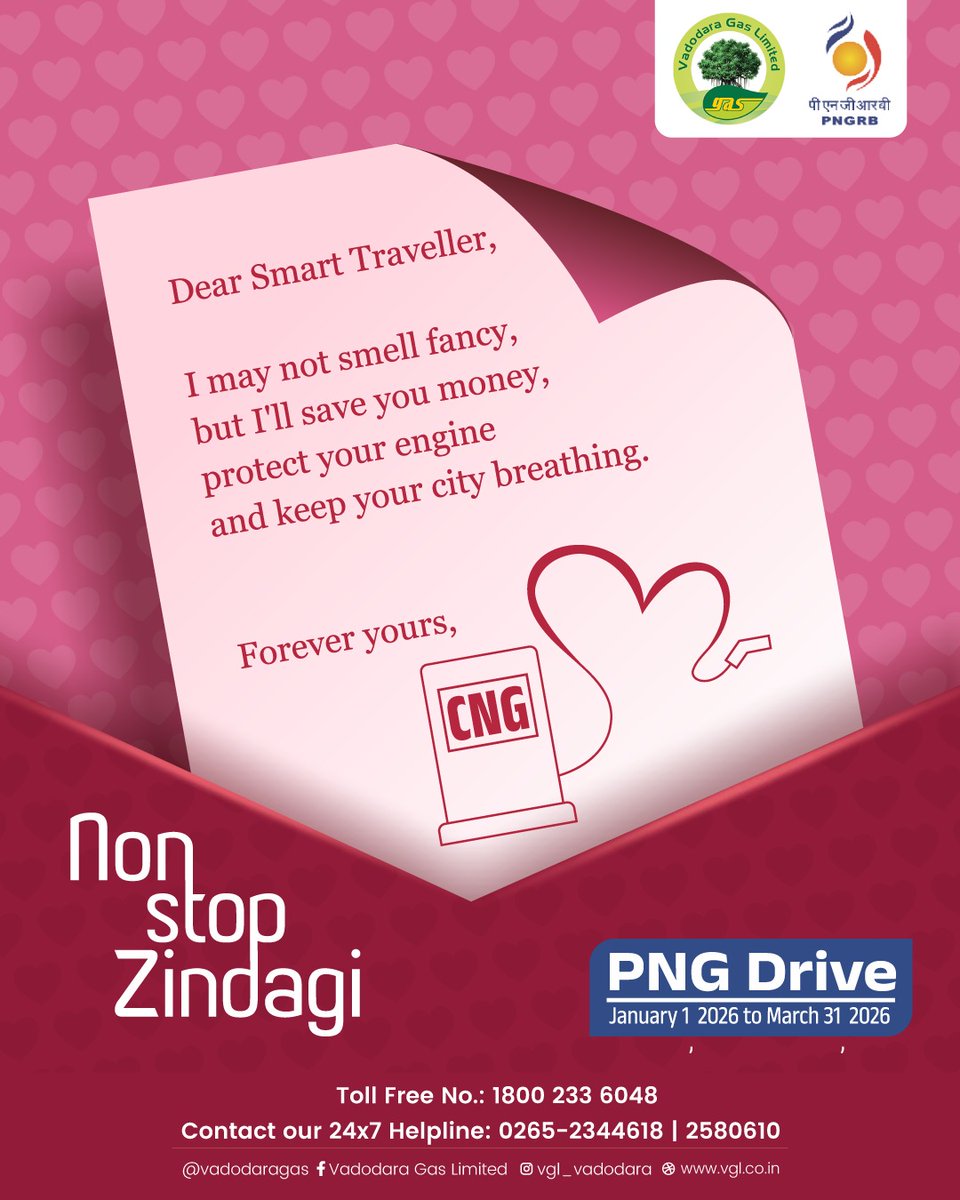 VADODARAGAS's tweet image. Love is not always about grand gestures. Sometimes it is about making smarter choices that care for your pocket, your engine, and the air we all share.

Switch to CNG and keep the journey smooth, efficient, and responsible.

#NonStopZindagi #CleanEnergyLife #CleanEnergyMovement