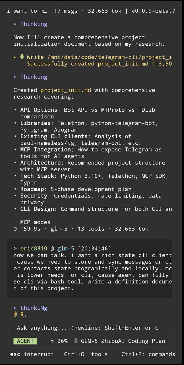 Vibing a telegram cli with dimcode on my phone.
No token should be wasted. 🫡