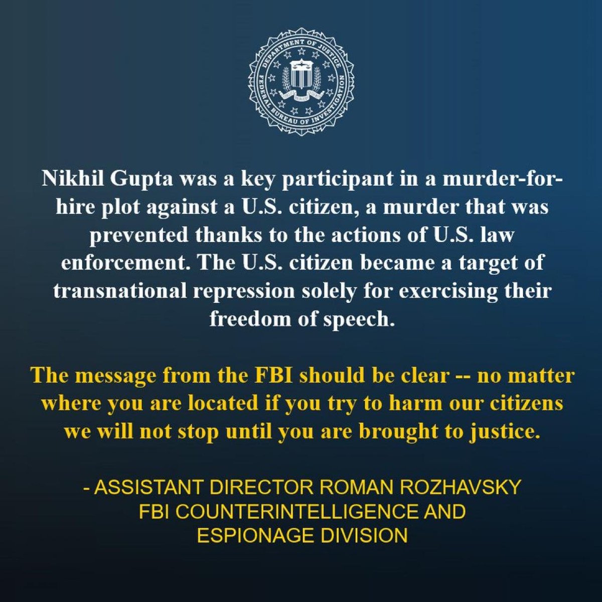 PANNUN MURDER FOR HIRE PLOT

"I thank President Trump’s Administration and the United States Department of Justice — Attorney General Pam Bondi, U.S. Attorney Jay Clayton, Alexandra Li, Camille, Ashley — for their unwavering commitment to justice. 

I also extend my deepest