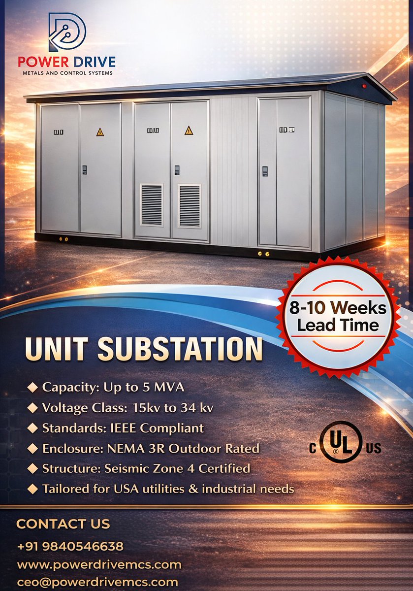 PowerDrive2020's tweet image. UNIT SUBSTATION – Engineered for Performance &amp;amp; Reliability

Power Drive Metals &amp;amp; Control Systems delivers high-performance Unit Substations designed to meet demanding industrial and utility requirements with safety, durability, and precision engineering.

#Pdmcs #powerdrivemcs