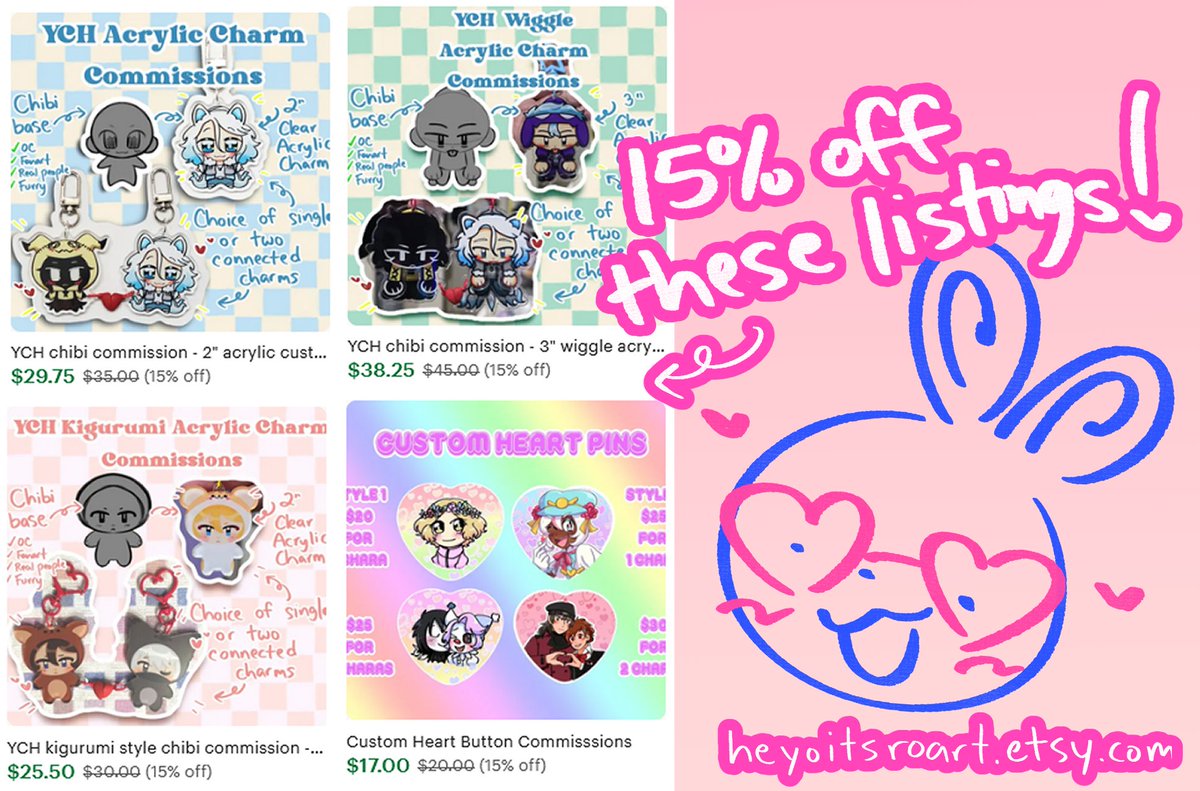 Holding a Valentine's day flash sale for some of my charm commissions! 💘

RTs appreciated!

🛍️🔗:
heyoitsroart.etsy.com