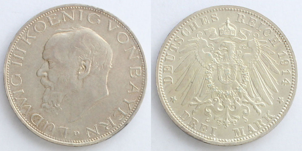 ドイツ帝国 バイエルン王国 1914年 3マルク銀貨 ルートヴィヒ3世