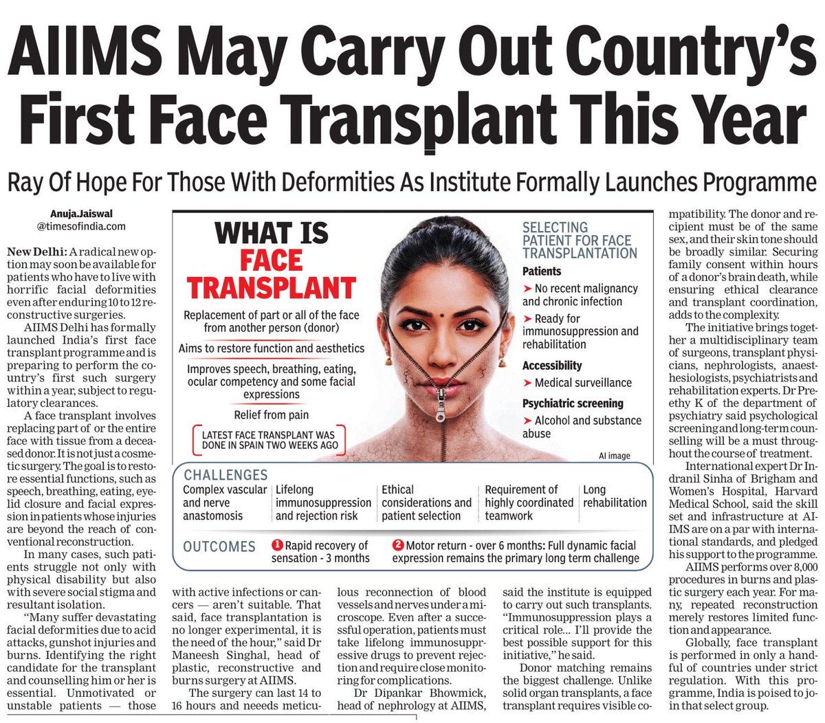 AIIMS Delhi has officially launched India's first #facetransplant programme. The procedure will involve replacing facial tissue from a deceased donor to treat severe deformities from injuries or burns, with the objective of restoring functions like breathing, eating, and speech