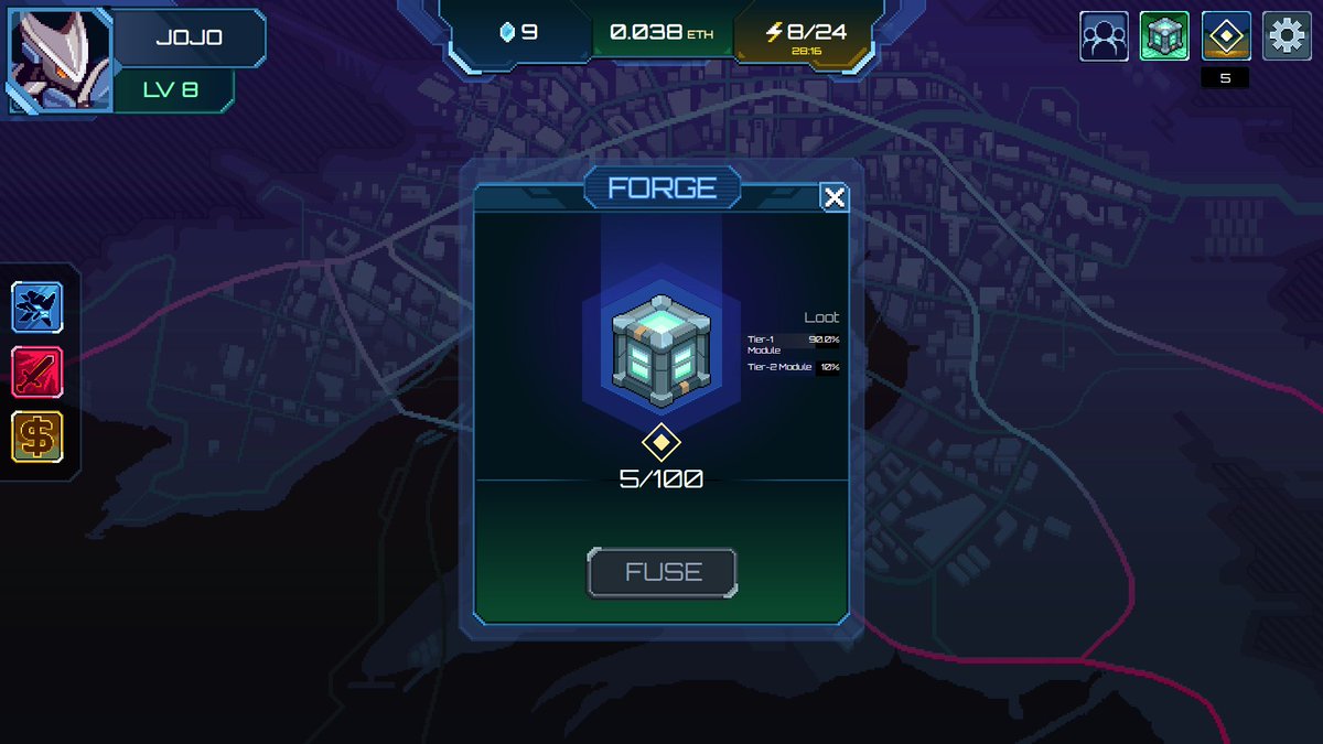 引き続き遊んでいる
<a href="/AveForge/">Ave Forge</a>

最初の５日間に登録したプレイヤーがもらえるSBTの締め切りまであとわずか

LVは8になったぞ。
LV上がるごとにひとつのスキルを強化できる

まもなく賞金トーナメントが始まるってことで悩ましいのはギアやモジュール。

これがかなり強力なチートアイテムなんやけど