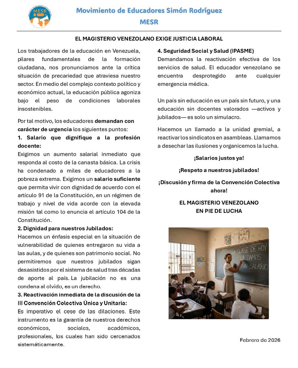 Comunicado 📄
El magisterio venezolano exige justicia laboral.
¡La clase de hoy la damos sin salario!