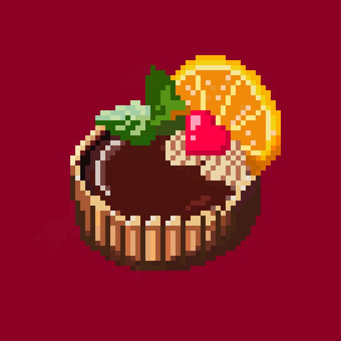 おはようございます☀

 #ドット絵バレンタイン　食べたいチョコがいっぱい流れてきて幸せ🥹💞
滑り込みでもうひとつ🍫

🍊オレンジショコラタルト🥧

皆さん素敵な1日を♪
#pixelart #pixquare #バレンタインデー