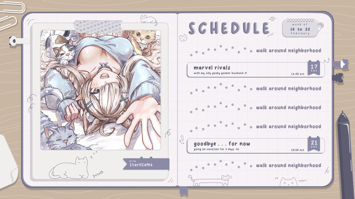 ˖ 𑣲  upcoming schedule for 02/16 - 02/22 ⁠♡ .ᐟ₊⊹

art : @/StarHSAMA
template : @/mayoosauce