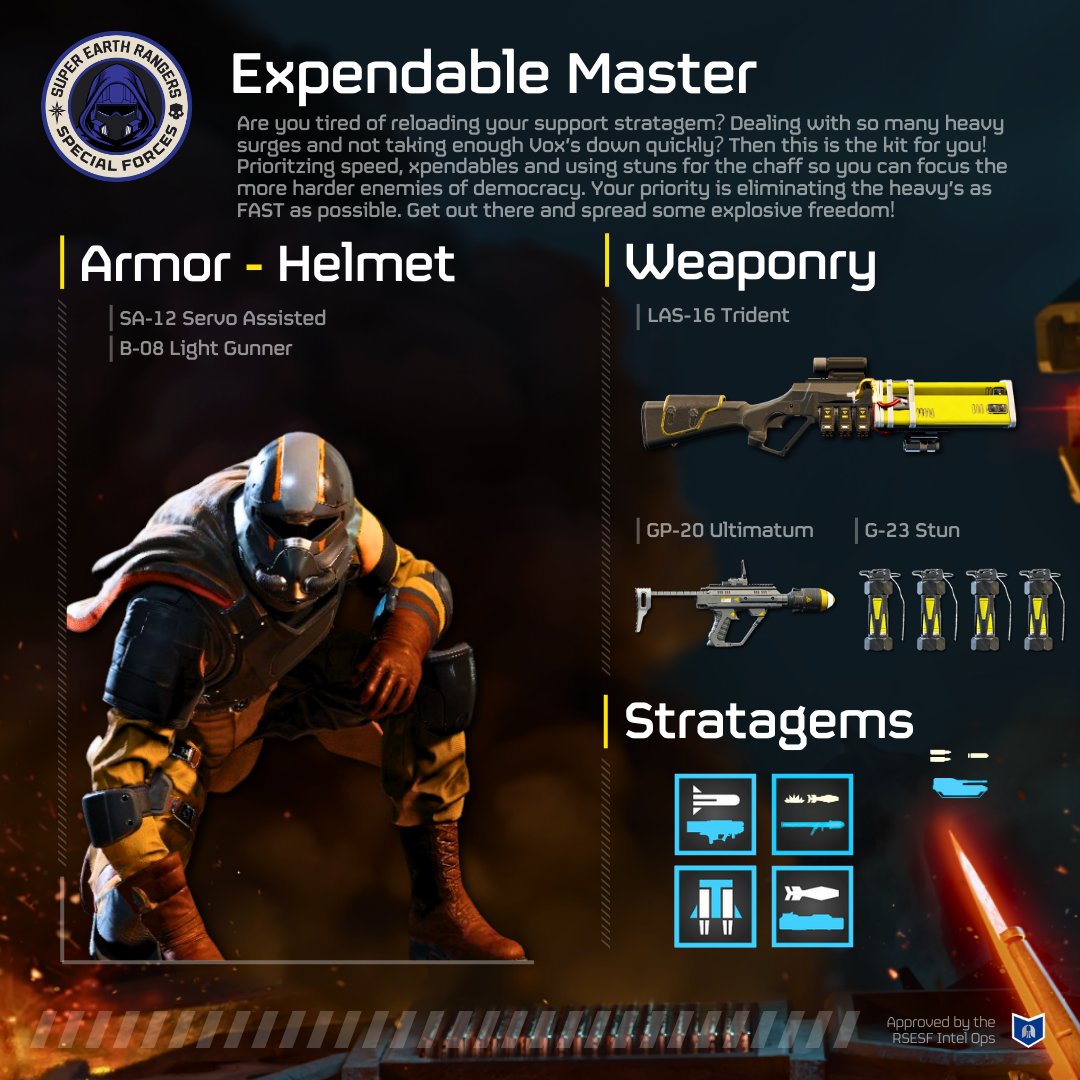 StriderOfValor's tweet photo. Anyone need some help on tactical loadouts for this new EPIC expansion? Then take a look at the Ranger SESF approved: Clanker Hater and Expendable Master kits.

Let me know your main loadout in the comments.

#HELLDIVER2 https://t.co/XkivqDKLJc