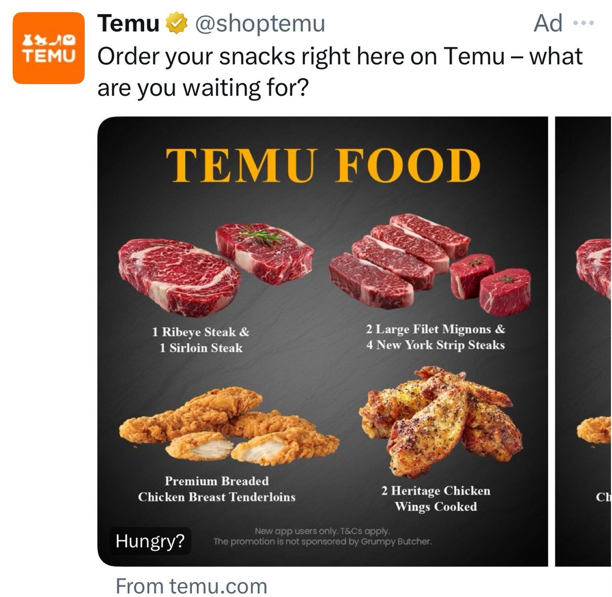 Temu Food. Imagine you are invited to someone’s house for a nice steak dinner and they fix their mouth to say they got it all from Temu. Like they just fed you squirrel elbows and rhino cartilage