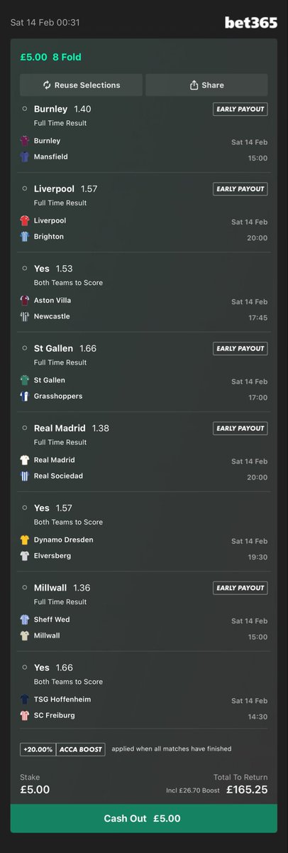 OneOffBets's tweet image. Saturday Acca

8 fold

Add To Your Bet Slip - bet365.com/s/r/yDM65