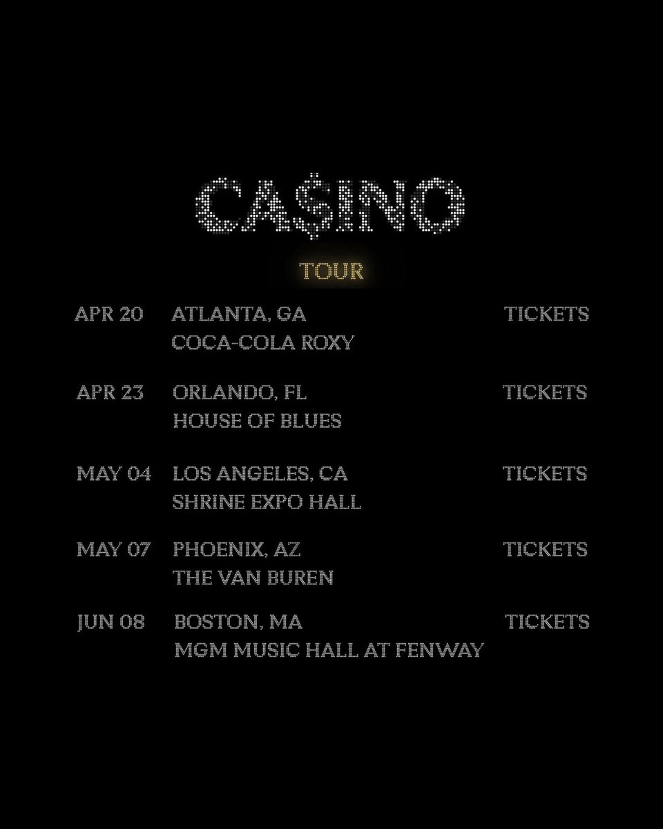 Due to high-demand Baby Keem has added five new dates to his 'CA$INO’ tour 🚨

🏟️ Atlanta — Apr 20th
🏟️ Orlando — Apr 23rd
🏟️ Los Angeles — May 4th
🏟️ Phoenix — May 7th
🏟️ Boston — Jun 8th
