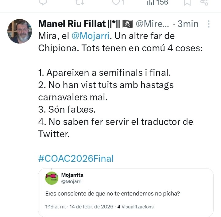 Mojarri's tweet photo. El catalán y el vasco to ofendios. Traduce tu esto: tusabeloqueehunbastinaso?#COAC2026Final https://t.co/sXBBAgJFpC