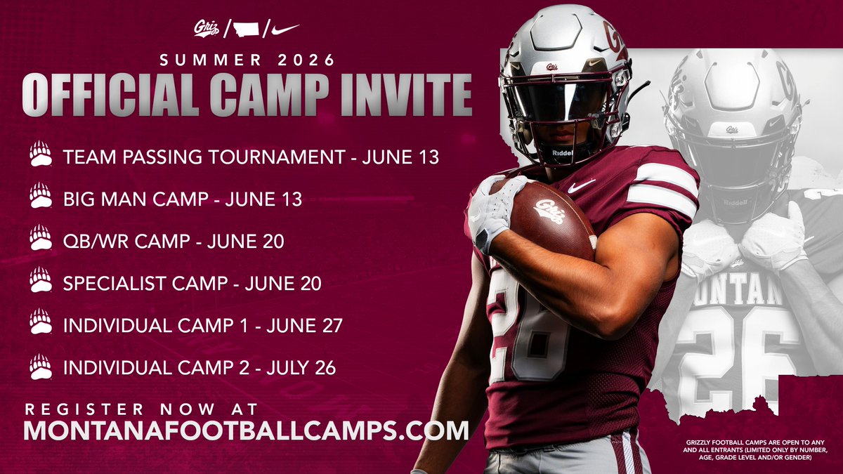 Blessed to receive an Official Invite to attend the University of Montana Prospect Camp this summer. Thank you Head Coach Bobby Kennedy &amp; Coach Keaton Johnson, cant wait to get on campus!! 

𝟏𝟓𝟏 Wins 𝟖 Big Sky Titles 𝟐𝟎 Playoff Wins 𝟑𝟒𝟔 Academic All-Big Sky selections
