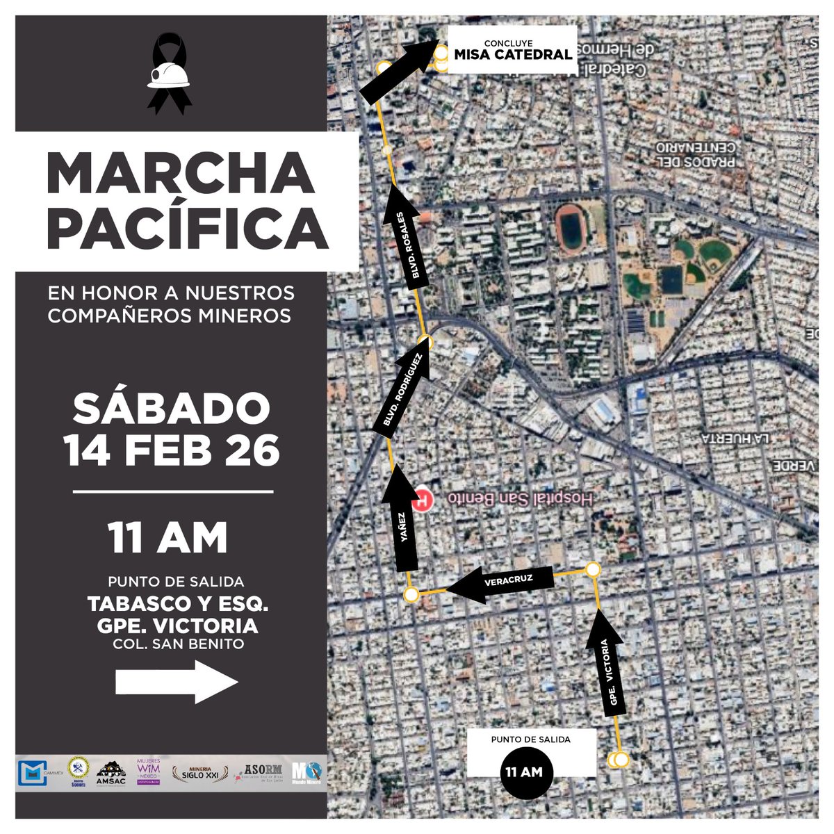 #MarchaPacífica
La familia minera convoca a la comunidad en general a unirse a la marcha pacífica en memoria de nuestros compañeros mineros, este 14 de febrero a las 11 AM.
👉Te compartimos el croquis de la ruta.
#MineríaUnida