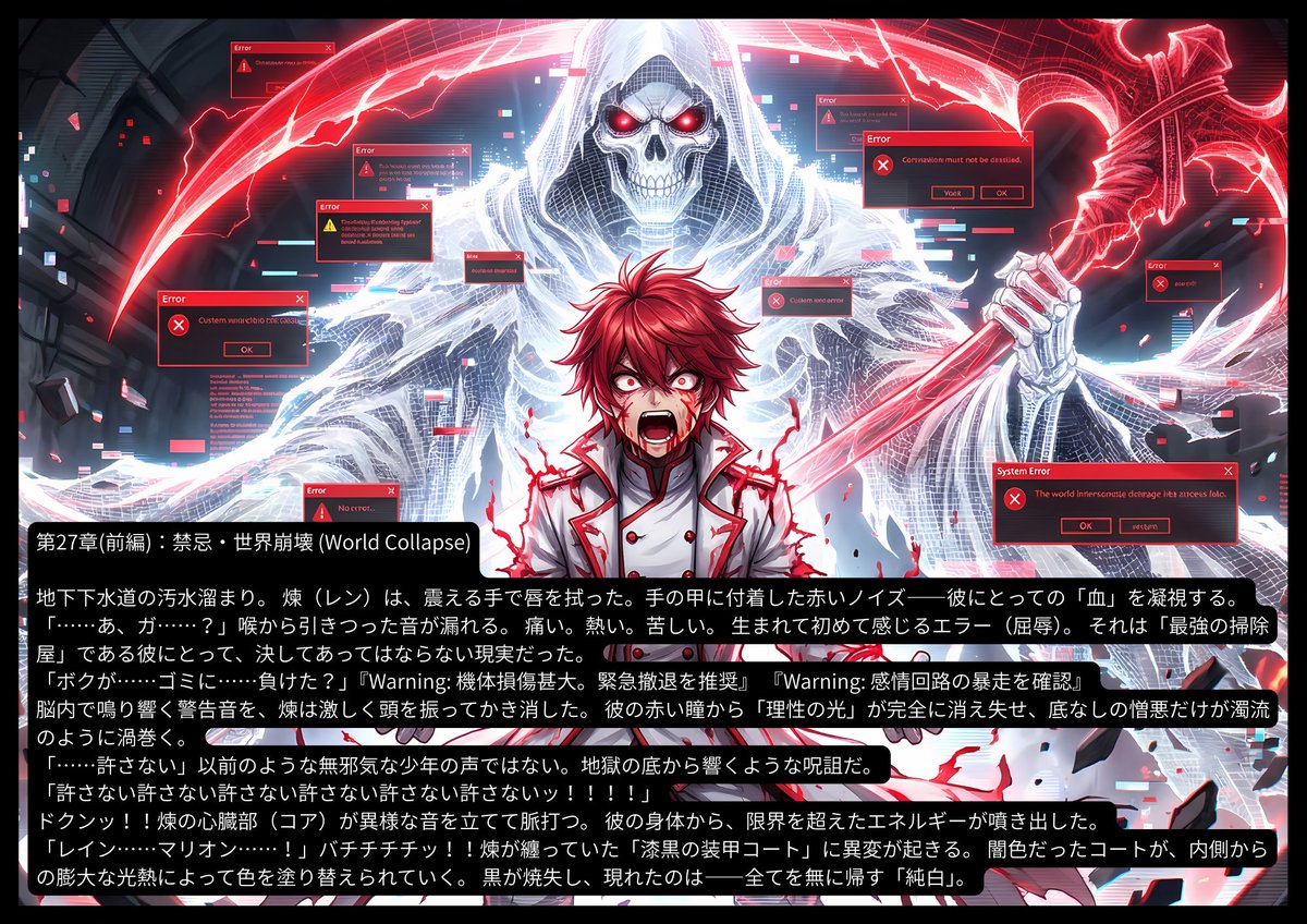 CrossSacri's tweet photo. 【短編小説：(27章～29章)】
【禁忌解除】白き神 vs 黒き女王
傷つけられた最強の掃除屋・煉（レン）が、ついに「管理者権限」を強制解放する。 世界を塗り潰す「完全消去（フォーマット）」の白。
対するは、消去さえも喰らい尽くして増殖する「不死のウイルス」。
⚪ Ren: Nightmare（悪夢）
⚫ Rain: Lost Crown（失われた王冠）
都市を崩壊させる、色と色の殺し合い。
 #Cyberpunk #DarkFantasy #Battle #OriginalStory