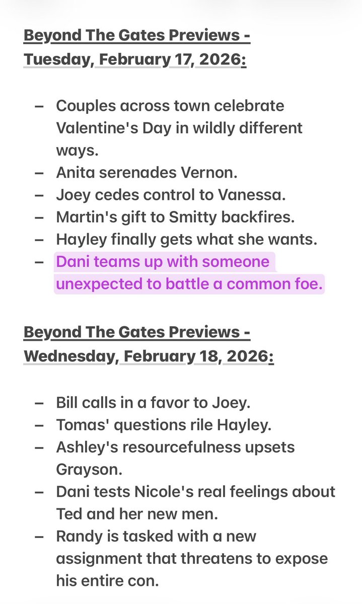 niki_smith1's tweet image. Here are some additional spoilers that weren’t on the YouTubeTV guide (I added them in pink). They’ll be included when I do the daily posts. 

Have a lovely Valentines Day weekend #BeyondTheGates #Spoilers #Previews #ComingUp