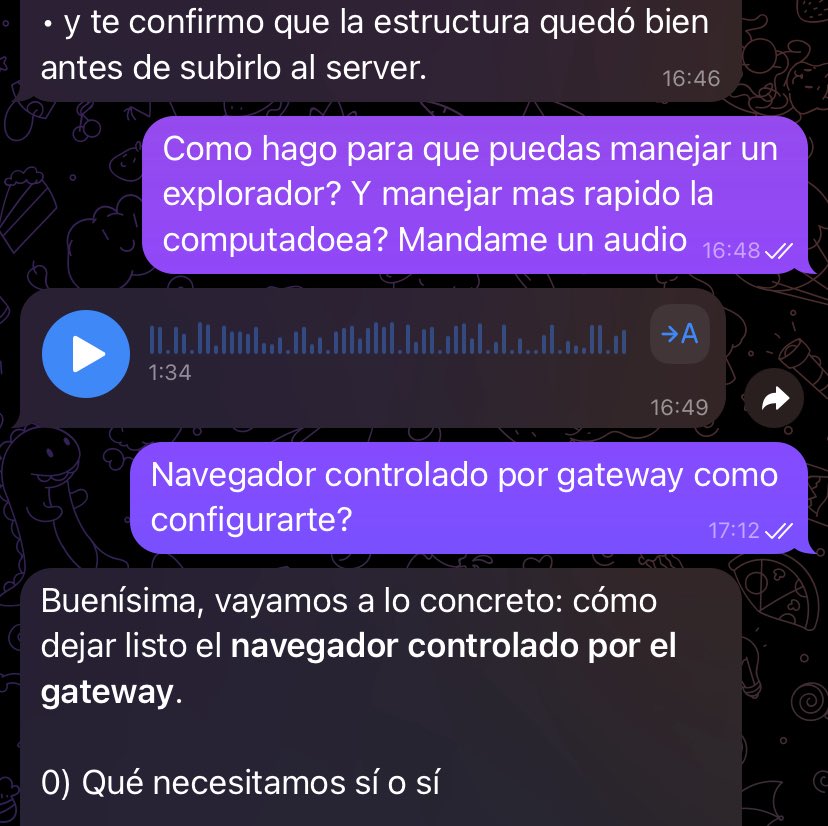 En este punto, la IA maneja la maquinaria y me envia audios contandome lo que hace…
Por suerte no puede tomar whisky ni fumar… en un futuro quizas pueda modificar algo similar a la dopamina y componentes de ese tipo de manera simulada, es excelente esta mejorando a full