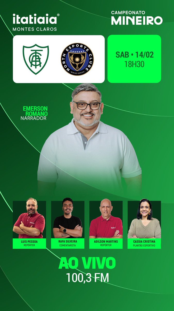 Vem com a gente!

Oitava Rodada Campeonato Mineiro

Direto do Independência 

<a href="/itatiaiamoc/">itatiaiamoc</a> 

100,3 FM

<a href="/AmericaFC1912/">América FC</a> x North

<a href="/emersonromano/">Emerson Romano</a> 
Cássia Cristina
<a href="/Rafael_07S/">Rafael Silveira</a> 
Luís Pessoa