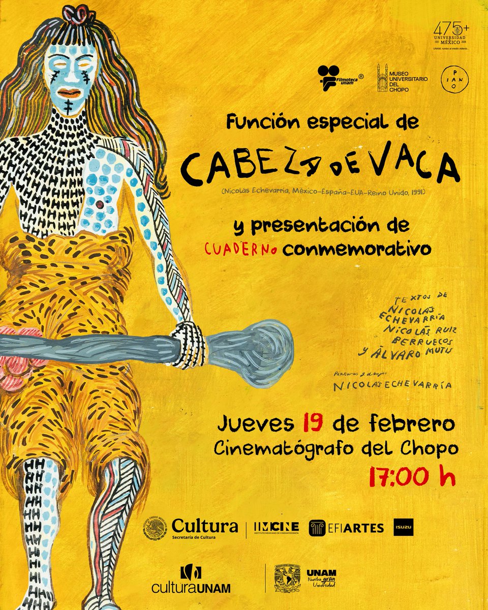 ✨En colaboración con @somospiano, y en el marco del lanzamiento de su sello editorial, el jueves 19 de febrero en el Cinematógrafo del Chopo habrá una función especial de '#CabezaDeVaca' (<a href="/ramagacha/">nicolas echevarria</a>, 1991), acompañada del lanzamiento del libro conmemorativo. ¡Te esperamos!
