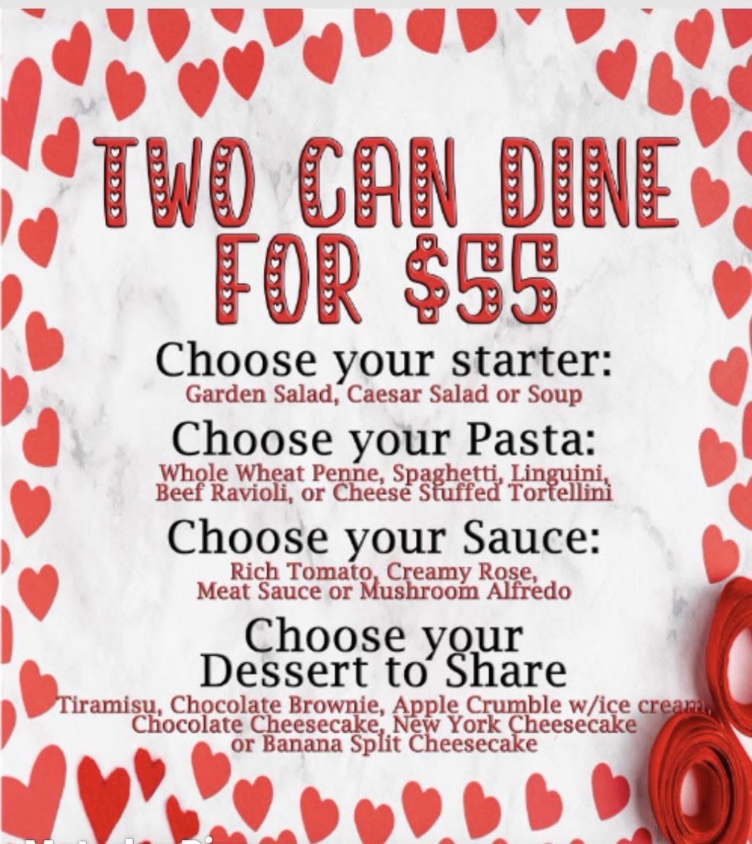 Valentine’s plans? We’ve got you covered! We are offering a Two Can Dine for $55 all weekend long! Join us for your fully customizable meal that can satisfy everyone’s taste buds! We LOVE love!❤️ Available for dine in only all day Friday, Saturday and Sunday (February 13,14&amp;15)