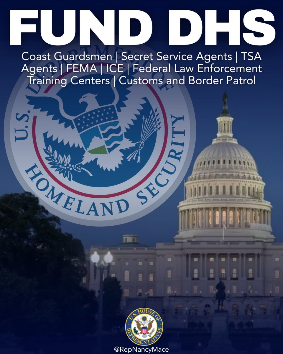 RepNancyMace's tweet image. Thanks to a political stunt by our colleagues on the Left, funding for the Department of Homeland Security will expire at midnight.

DHS is so much more than immigration enforcement, but in protest of enforcing our laws they are willing to force these servicemembers, law…