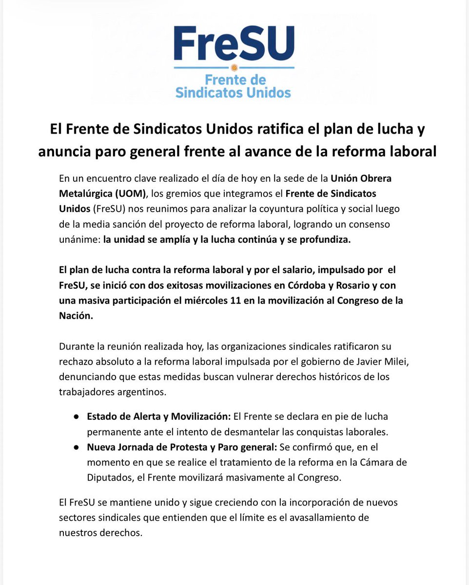 FTCIODyARA's tweet photo. El Frente de Sindicatos Unidos ratifica el plan de lucha y anuncia paro general frente al avance de la reforma laboral https://t.co/KFtx1Kii5t