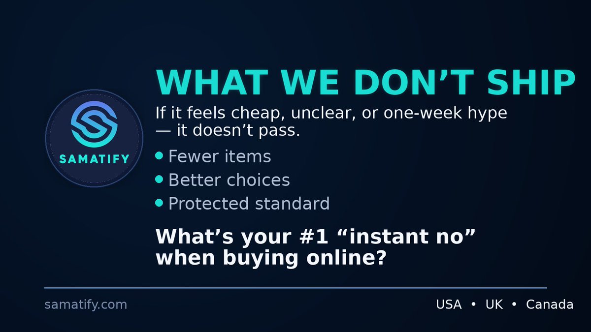 samatify's tweet image. Not everything makes it into SAMATIFY.

If it feels cheap, unclear, or “one-week hype” — it doesn’t pass.
We’d rather launch fewer items and protect the standard.

What’s your #1 “instant no” when buying online?

#SAMATIFY #OnlineShopping #ProductDesign