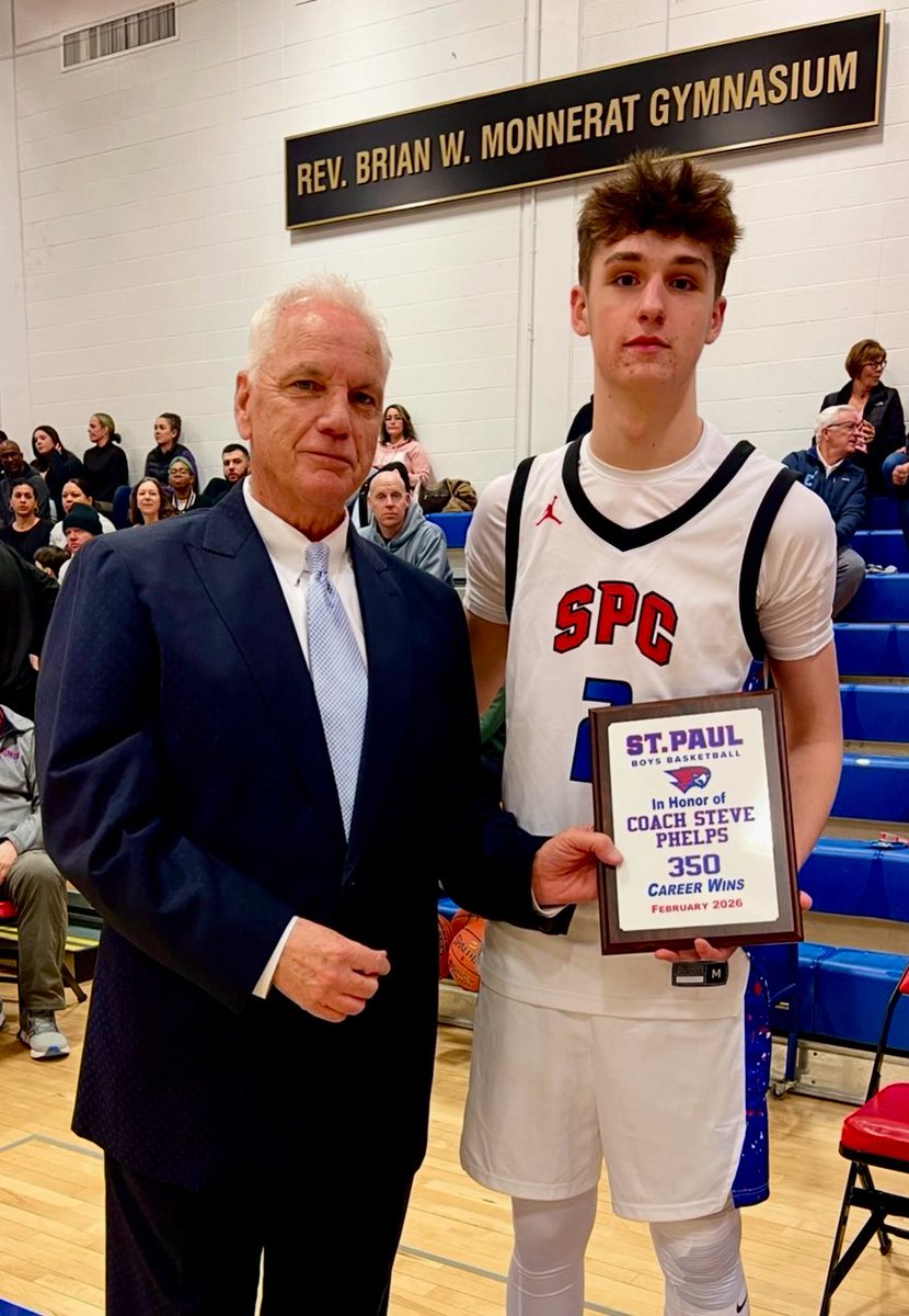 stpaulfalcons's tweet photo. Congrats to Coach Phelps on earning his 350th (and 351st) career wins. Dave Dennehy, Director of Athletics, and the boys’ basketball team honored him with a plaque before tonight’s home game vs. Woodland. #GoFalcs #CongratsCoach #ctbb https://t.co/I2Y15pSerI